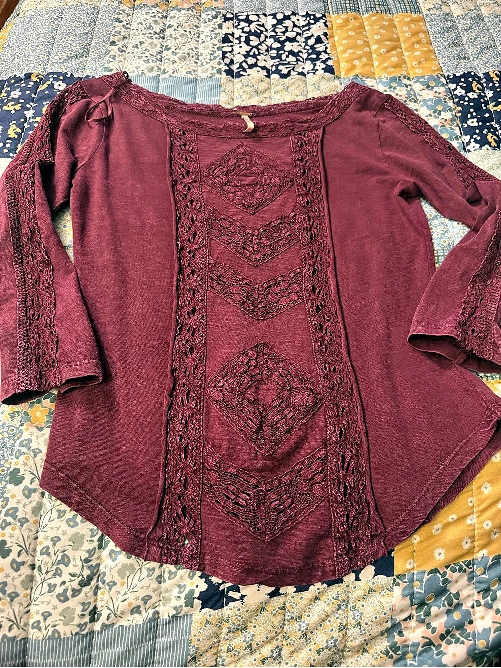 Free People Rocky Long Sleeve Top Lace Detail Purple XS